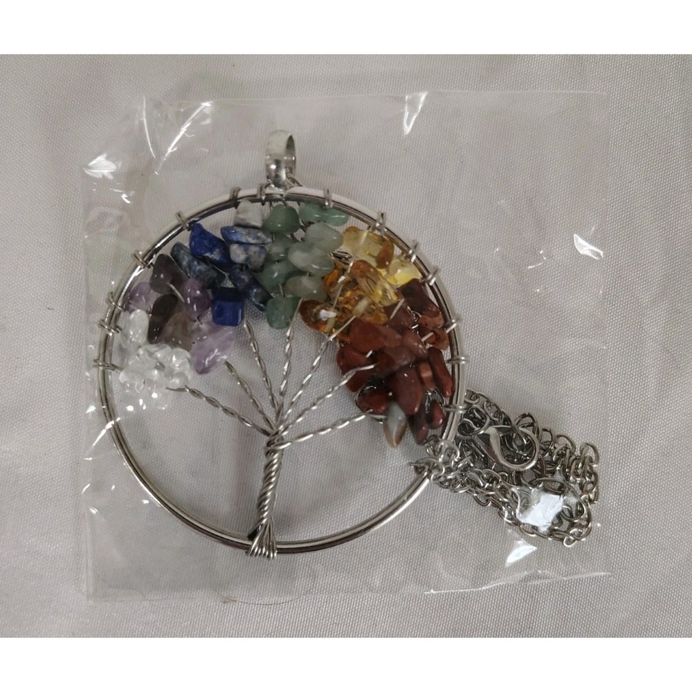 Tree of Life Silver Plated Wire Wrapped Multicolor Pendant Necklace Chakra - NEW